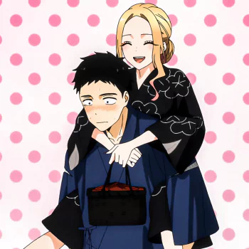 Anime forum avatar: Marin Kitagawa from My Dress-Up Darling, smiling as she hugs a blushing male character against a pink polka-dot background.