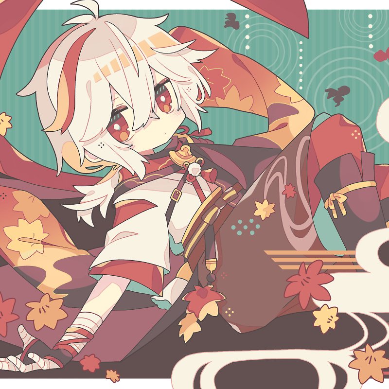 Chibi Kaedehara Kazuha from the video game Genshin Impact: stylized forum avatar of the character lounging amid maple leaves and teal wave patterns.