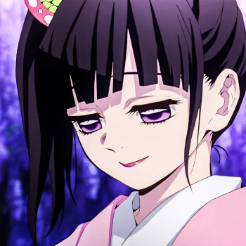 Anime avatar of Kanao Tsuyuri from Demon Slayer: Kimetsu no Yaiba — close-up smirk, purple eyes, butterfly hairpin and pink kimono, shown as a forum profile/pfp.