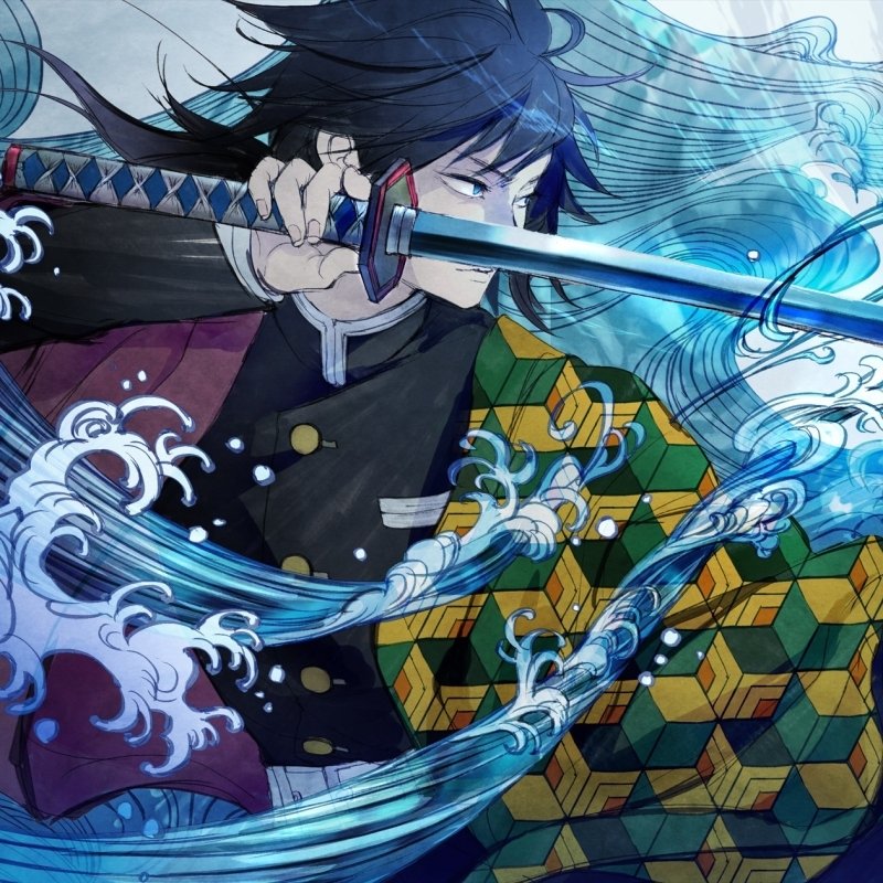 Forum avatar of Giyuu Tomioka (Demon Slayer) in anime style, drawing his sword amid swirling blue water and wearing his green-and-yellow geometric haori.