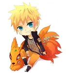 Chibi-style Naruto Uzumaki with bright blue eyes and blond hair, sitting beside Kurama, the nine-tailed fox. This anime forum avatar/profile photo is tagged with Naruto Uzumaki, Anime, Naruto.