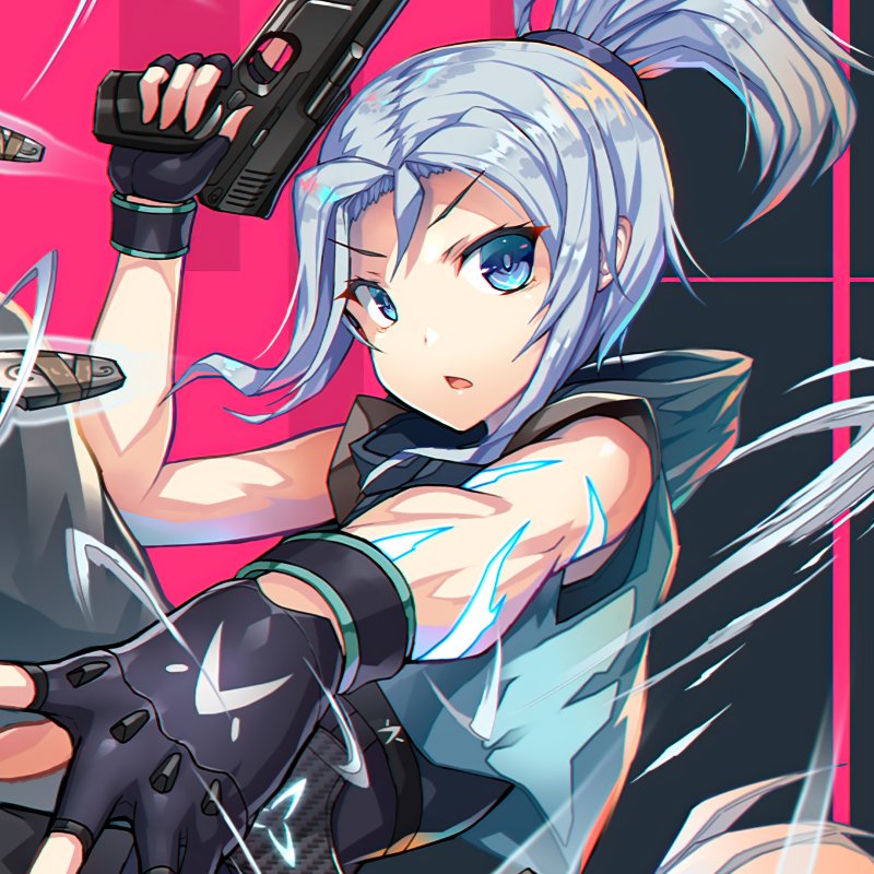 Forum avatar of Jett from the video game Valorant — anime-style close-up: blue-white ponytail, vivid blue eyes, throwing knives and pistol against a neon pink and black geometric background.