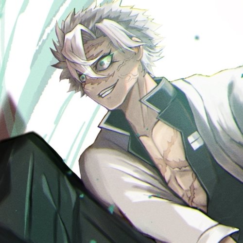 Forum avatar/pfp of Sanemi Shinazugawa from Demon Slayer: smirking, scarred chest revealed, wind-swept white hair and fierce green eyes in an anime portrait.