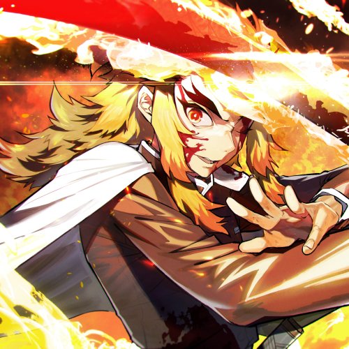 Forum avatar of Kyojuro Rengoku from the anime Demon Slayer: Kimetsu no Yaiba — fiery close-up with intense gaze, sword poised and blazing orange-yellow flames surrounding him.