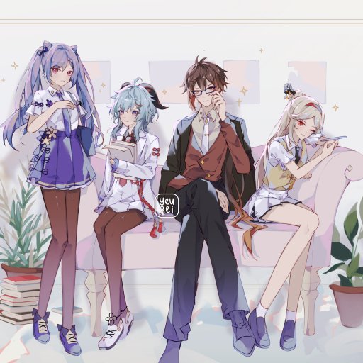 Forum pfp of video game Genshin Impact characters Ningguang, Zhongli, Ganyu, and Keqing seated together on a sofa in a stylized group portrait.