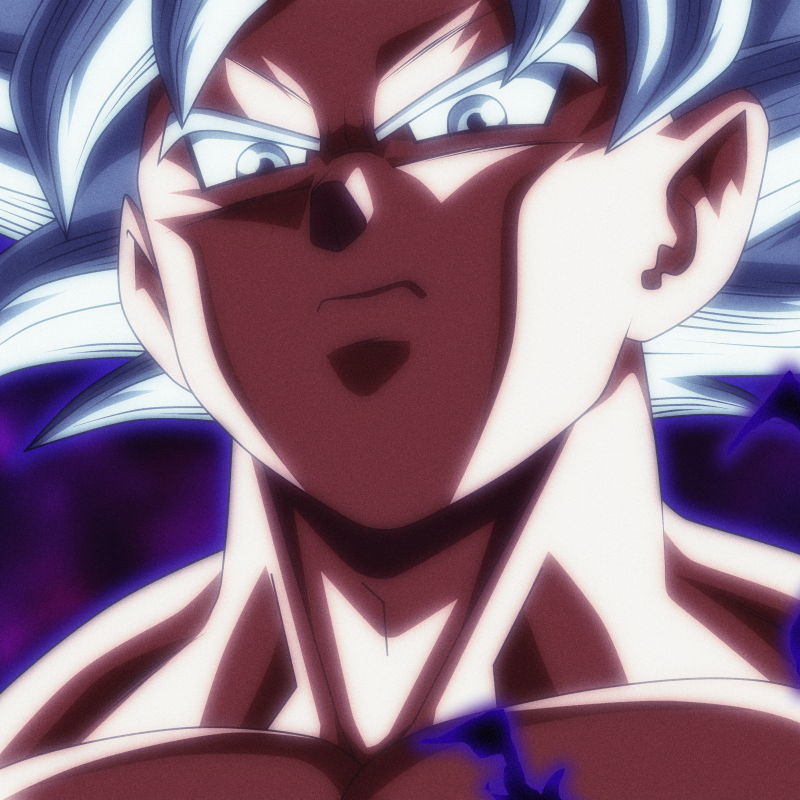 Close-up of Goku from Dragon Ball Super with glowing white hair and intense expression, set against a dark, electrifying background.