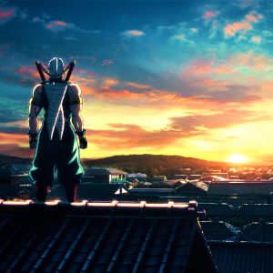 Forum avatar of Tengen Uzui (Demon Slayer): backlit anime silhouette standing on a rooftop, overlooking a glowing sunset and village skyline.