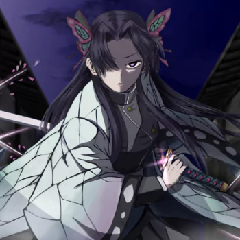 Kanae Kocho from Demon Slayer: Kimetsu no Yaiba — anime forum avatar: close-up with butterfly hairpins, flowing haori and a drawn sword under moonlight.
