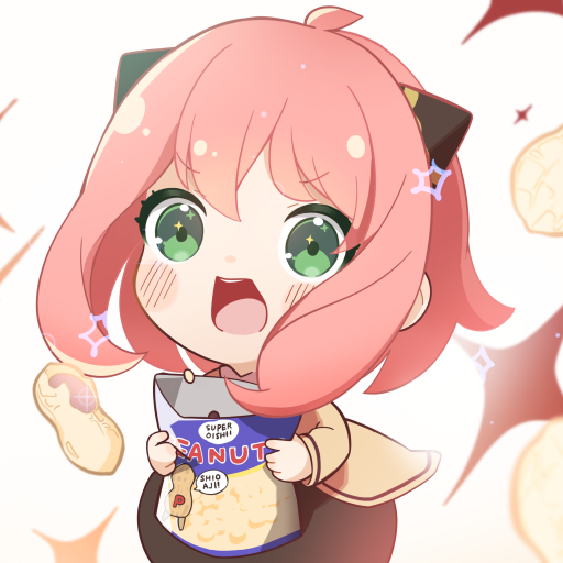 Chibi Anya Forger from Spy x Family, anime-style forum avatar: excited pink-haired girl with green eyes clutching a jar of peanuts, sparkles and floating peanuts around her.