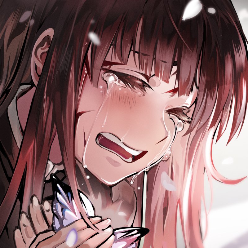 Forum avatar of Kanao Tsuyuri (Demon Slayer) — close-up anime portrait crying, tears streaming as she clasps a glowing butterfly beneath soft pink light.