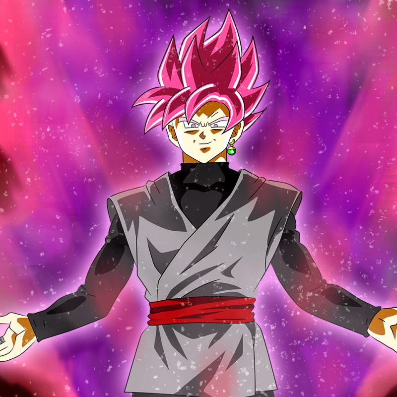 Forum avatar of Black Goku (Dragon Ball Super) in Super Saiyan Rosé: pink hair, red sash, arms outstretched amid a glowing purple-pink energy aura.