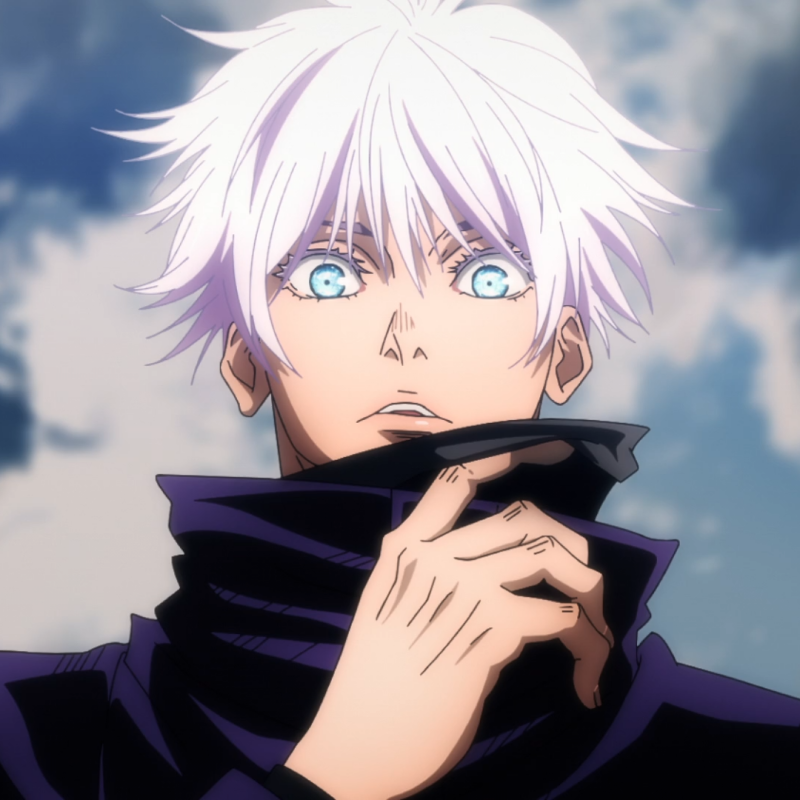 Close-up of Satoru Gojo from the anime Jujutsu Kaisen, showing his striking white hair and glowing blue eyes, pulling down his black collar against a cloudy sky background.