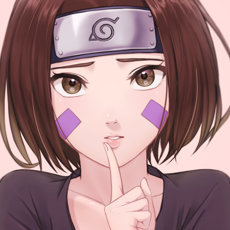 Anime-style forum avatar featuring Rin Nohara from Naruto with short brown hair, headband, and purple face markings, holding a finger to her lips in a shushing gesture.