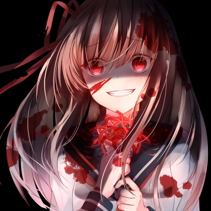 Anime girl forum avatar: red-eyed anime girl in a school uniform with long dark hair, blood spatters on face and clothes, holding a red rose with an eerie smile.