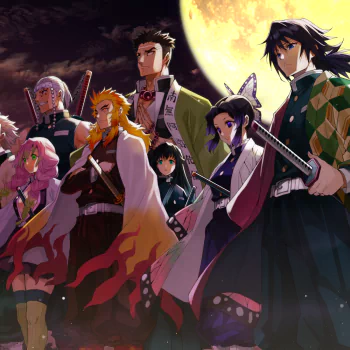 Anime forum avatar/pfp of Demon Slayer: Kimetsu no Yaiba characters in a moonlit group portrait, swords drawn and poised.
