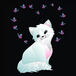Forum avatar of a stylized white cat with pastel blue and pink accents, sitting and smiling, surrounded by a ring of pink-and-blue butterflies on a black background.