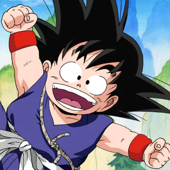 Forum avatar of young Goku (Dragon Ball) in anime style — grinning with raised fist, spiky hair and purple outfit against a bright sky background.