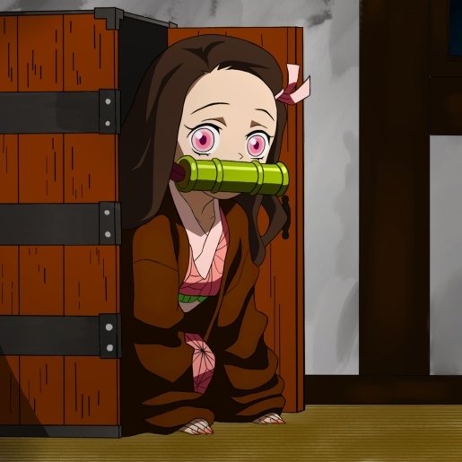 Forum avatar of Nezuko Kamado (Anime, Demon Slayer: Kimetsu no Yaiba) peeking from her wooden box with a bamboo muzzle.