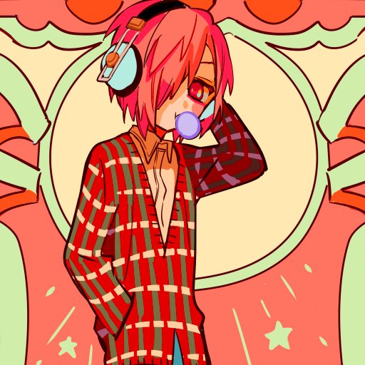 Forum avatar/pfp of Toilet-bound Hanako-kun in anime style: pink hair, headphones, bubblegum, red checkered coat on a retro pastel background.