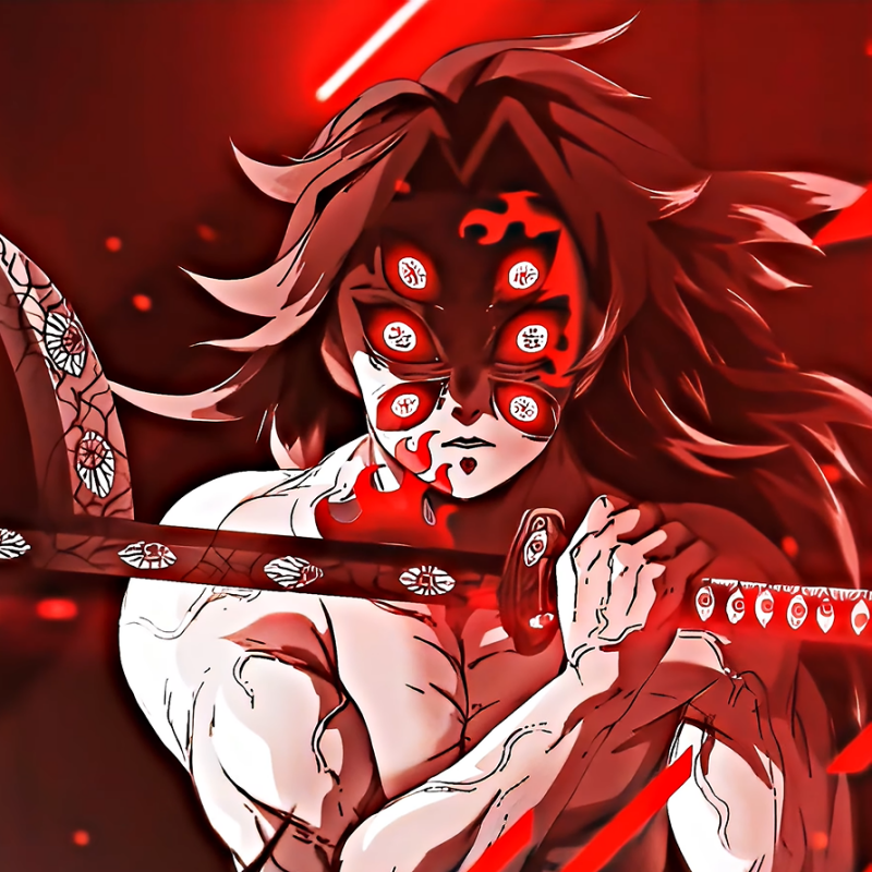Kokushibo from Demon Slayer: Kimetsu no Yaiba holding a blood-stained katana, surrounded by red lighting and intense expression in anime style forum avatar.