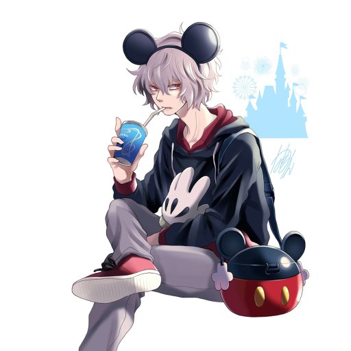 Anime My Hero Academia forum avatar/pfp: pale lilac‑haired character in Mickey‑ear hoodie sipping a drink and holding a Mickey‑themed container.