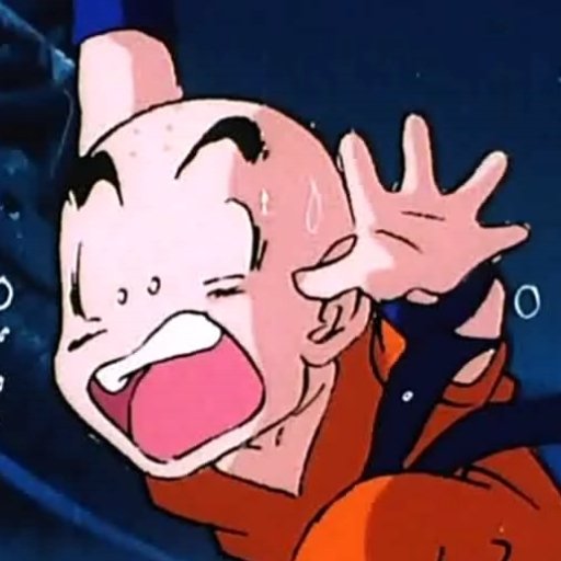 A vibrant anime avatar featuring Krillin from Dragon Ball Z, expressing excitement with a joyful shout, showcasing his distinctive bald head and iconic orange outfit.