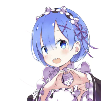 Forum avatar/pfp of Rem from Re:ZERO — Re:Zero - Starting Life in Another World: anime close-up of the blue-haired maid blushing and shaping a heart with her hands.