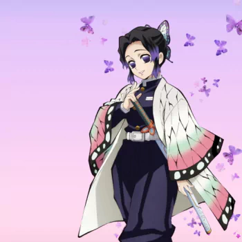 Anime-style avatar of Shinobu Kocho from Demon Slayer: Kimetsu no Yaiba, surrounded by purple butterflies on a soft pink and purple gradient background.