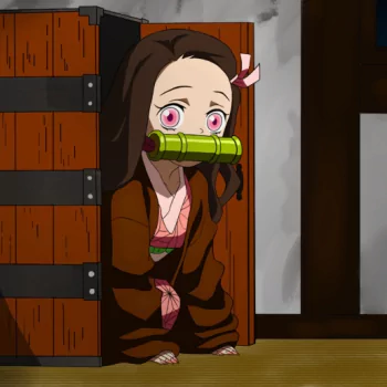 Forum avatar of Nezuko Kamado (Anime, Demon Slayer: Kimetsu no Yaiba) peeking from her wooden box with a bamboo muzzle.