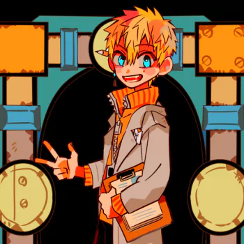 Forum avatar — anime character from Toilet-bound Hanako-kun: blond-haired boy in a coat and orange scarf flashing a peace sign before a stylized arch background.
