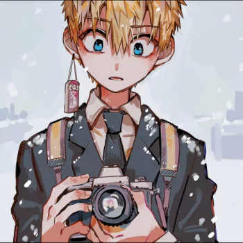 Anime avatar of Hanako-kun (Toilet-bound Hanako-kun): blond student in uniform holding a camera, snowflakes falling around him.