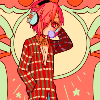 Forum avatar/pfp of Toilet-bound Hanako-kun in anime style: pink hair, headphones, bubblegum, red checkered coat on a retro pastel background.