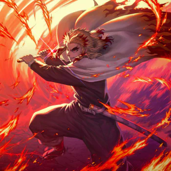 Anime forum avatar of Kyojuro Rengoku from Demon Slayer: Kimetsu no Yaiba — The Movie: Mugen Train, poised with a blazing sword and billowing cape amid swirling orange-red flames.