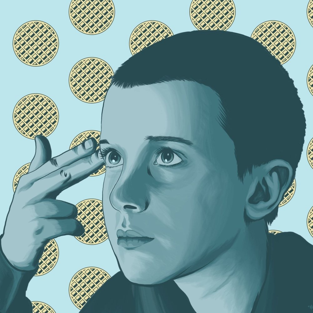 Illustration of Eleven from Stranger Things holding fingers to her temple with a background pattern of Eggo waffles, used as a forum avatar.