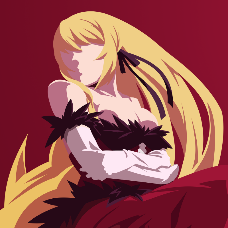 Profile avatar of Shinobu Oshino (Monogatari series): stylized anime portrait with flowing blonde hair and a black feathered dress set against a deep red background.