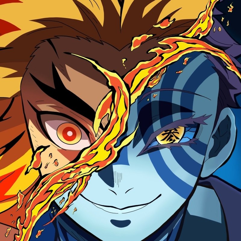 Anime forum avatar: split portrait of Rengoku and Akaza from Demon Slayer: Kimetsu no Yaiba, fiery and blue demon halves separated by a streak of flame.