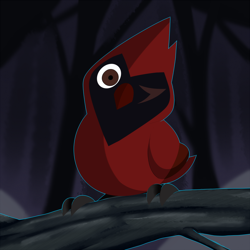 Forum avatar featuring Flapjack, the red bird character from the TV show The Owl House, perched on a branch in a dark, forested background.