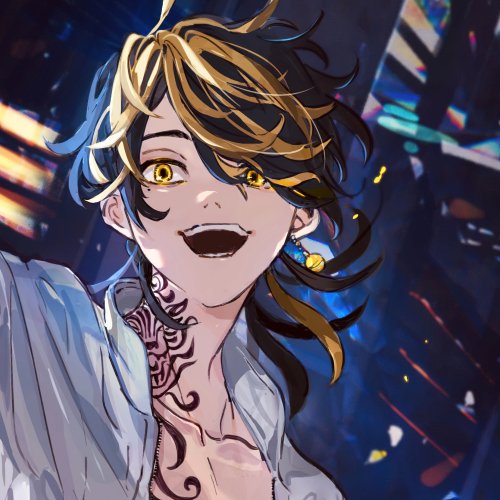 Forum avatar/pfp of Kazutora Hanemiya (Tokyo Revengers): grinning anime profile with yellow eyes, black-and-gold hair and a prominent neck tattoo against a neon-speckled background.