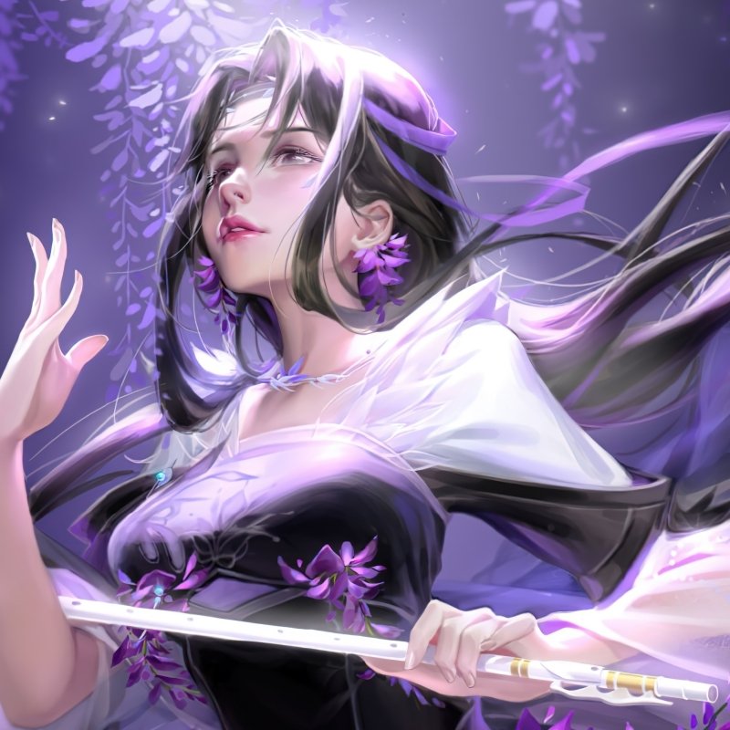 Forum avatar of Shinobu Kochou (Demon Slayer), a graceful anime portrait with flowing hair, wisteria accents, soft glow and a slender sword.