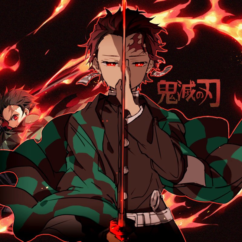 Forum avatar of Tanjiro Kamado performing Hinokami Kagura, split-sword composition with red flames, Demon Slayer: Kimetsu no Yaiba anime style.