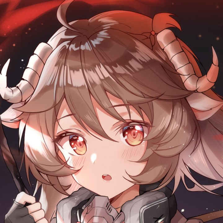 Forum avatar of Eyjafjalla from the video game Arknights — anime-style close-up pfp: horned brown-haired character with glowing amber eyes against a red-lit background.