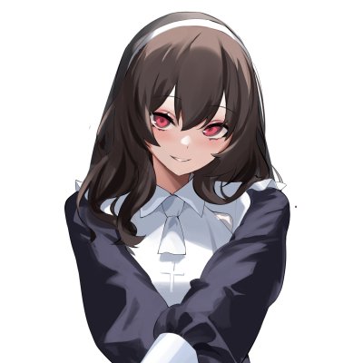 Anime girl forum avatar/pfp/profile photo: dark brown-haired anime girl with pink eyes, white headband and bow blouse, smiling with arms folded against a white background.