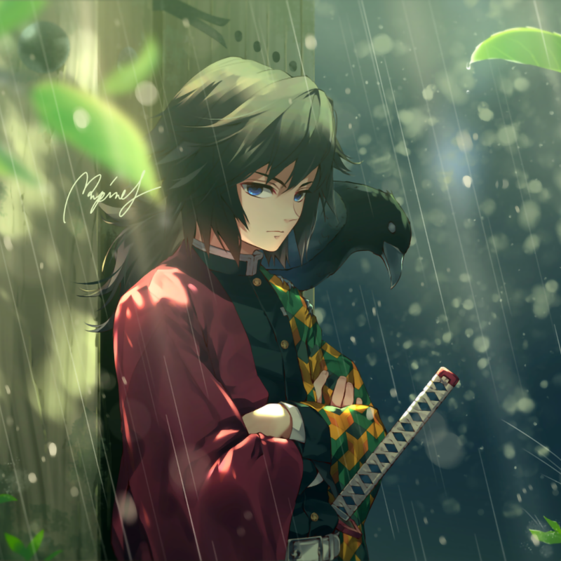 Forum avatar of Giyuu Tomioka (Anime — Demon Slayer: Kimetsu no Yaiba): solemn portrait in rain beneath a tree, wearing his patterned haori and gripping his katana.