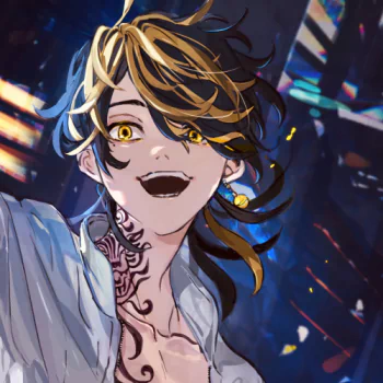 Forum avatar/pfp of Kazutora Hanemiya (Tokyo Revengers): grinning anime profile with yellow eyes, black-and-gold hair and a prominent neck tattoo against a neon-speckled background.