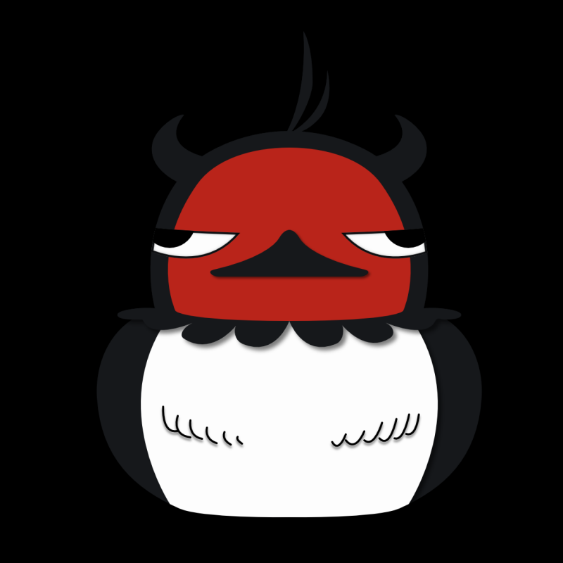 Anime Black Clover forum avatar: chibi black-and-white bird with a red horned mask, droopy eyes and scalloped white chest on a black background.