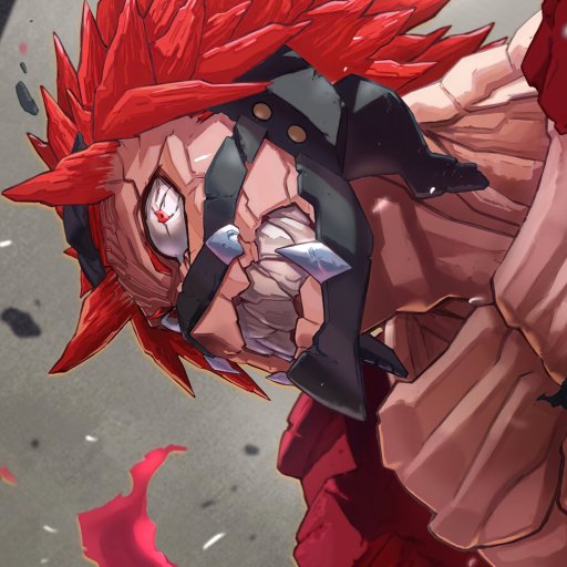 Close-up anime-style portrait of Eijiro Kirishima from My Hero Academia, showcasing his red spiky hair and jagged teeth with a fierce expression.