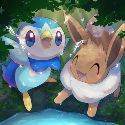 Cheerful Eevee and Piplup from Pokémon splash by a sunlit forest pond — colorful video game–style forum avatar/pfp.