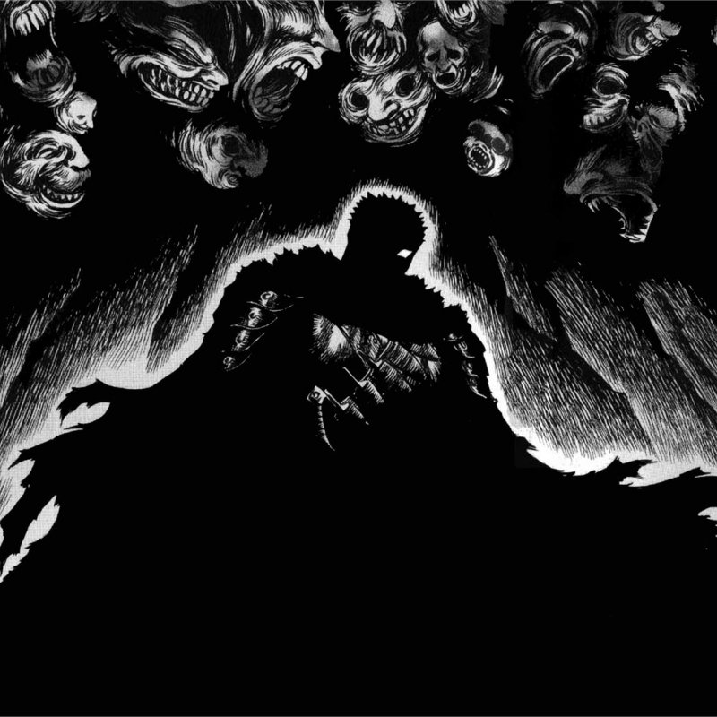 Dark anime/manga forum avatar of Guts (Berserk): silhouetted warrior with a massive sword, backlit and looming beneath a swirl of grotesque demonic faces.