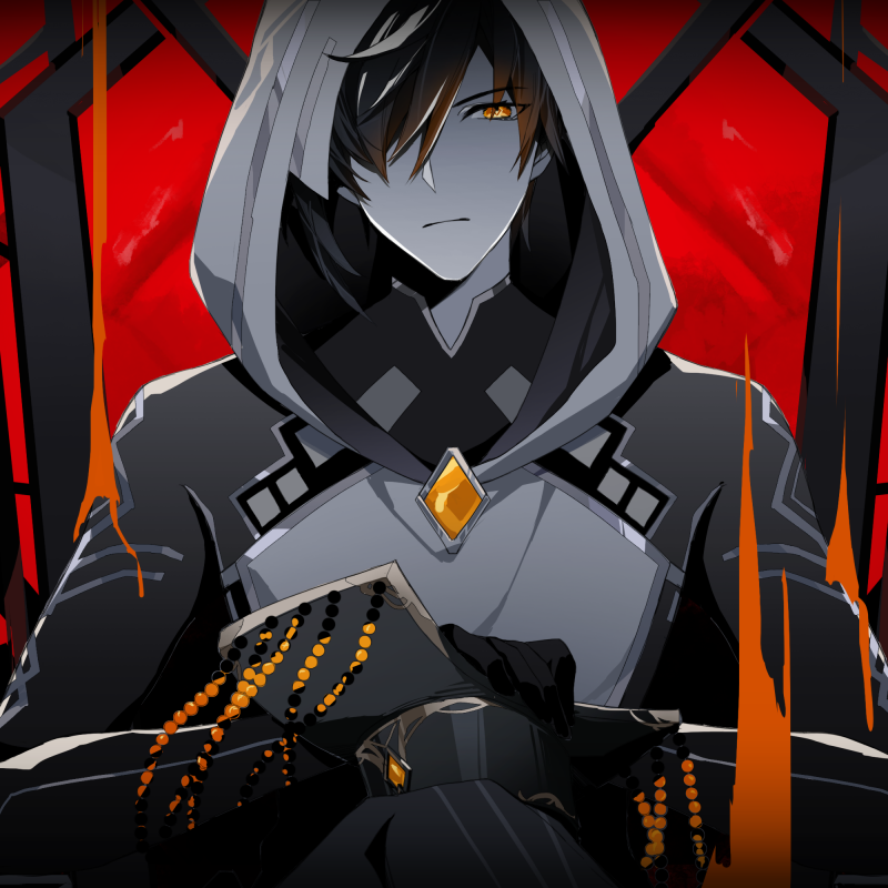 Forum avatar of Zhongli from the video game Genshin Impact, featuring him in a dark hooded outfit with glowing amber eyes against a striking red background.
