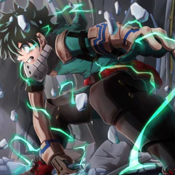 Izuku Midoriya from My Hero Academia in an action pose, surrounded by green electric energy, featured as a dynamic anime forum avatar/profile picture.
